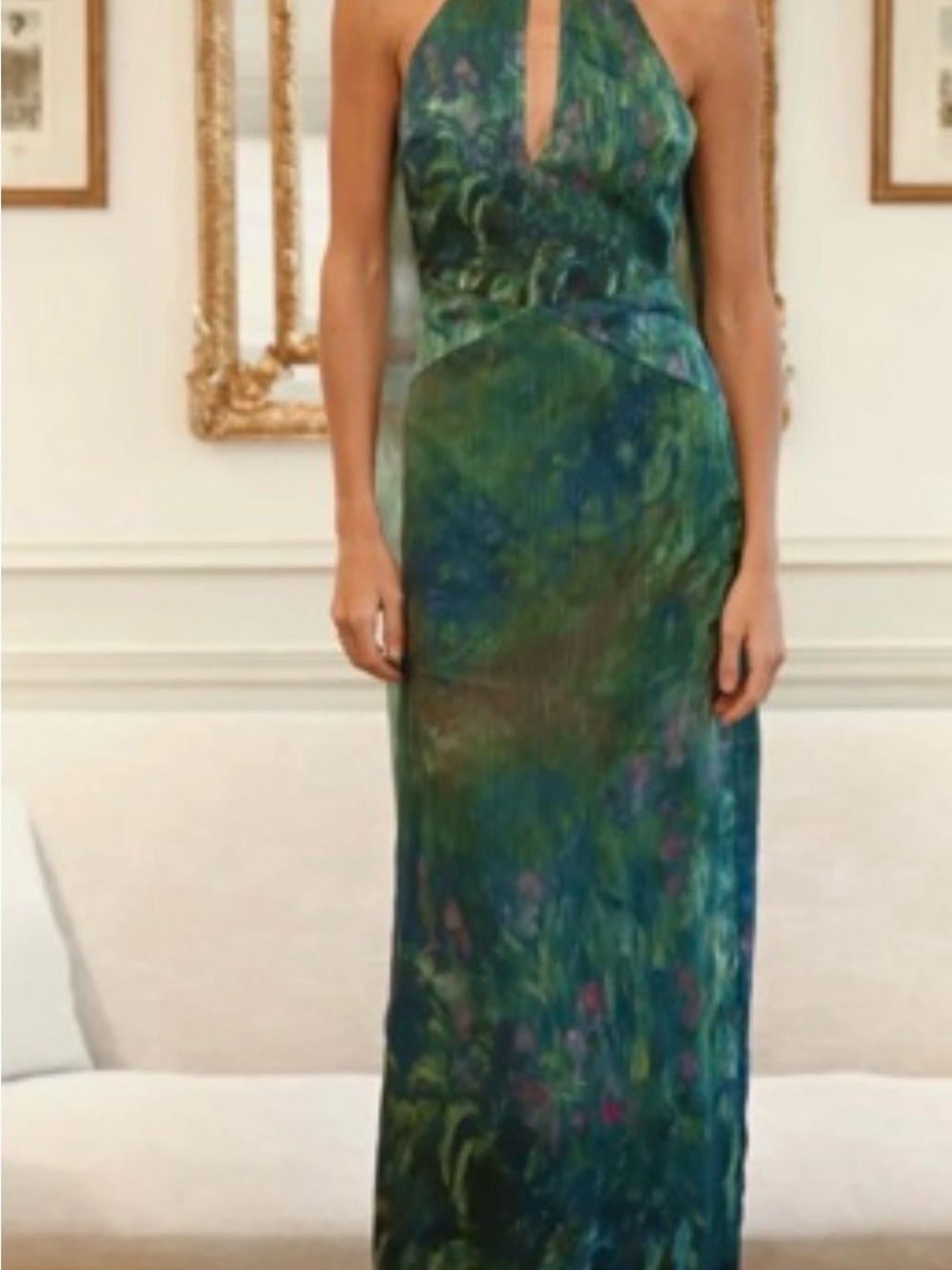 Sleeveless Halter Maxi Dress in Green Marble Print